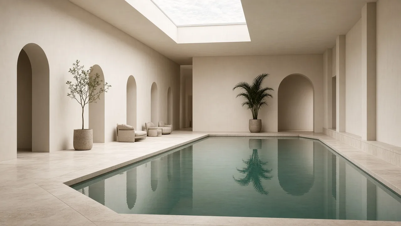 Piscina cubierta con borde de piedra clara