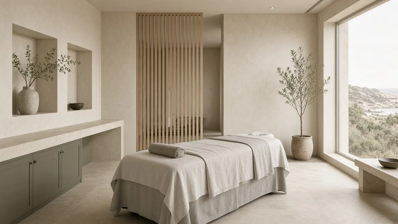 Cabina de spa con cama de tratamiento y luz difusa